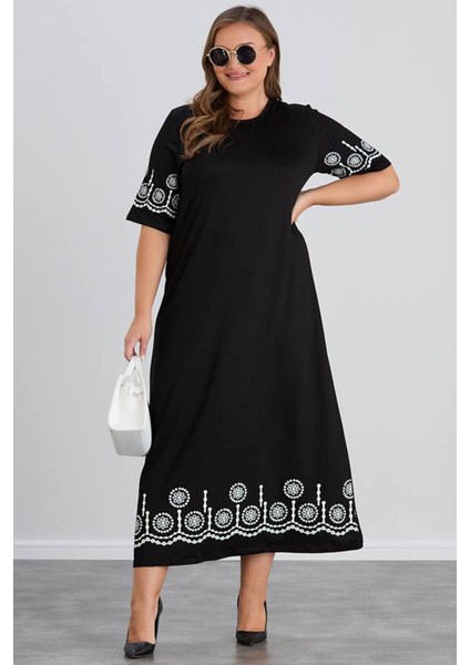 Kadın Aysar Kısa Kol Baskılı Iki Ip Boydan Siyah Elbise