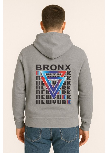 Bronx New York Baskılı Oversize Hoodie – Geometrik Renkli Arka Tasarım Unisex Kapüşonlu Sweatshirt