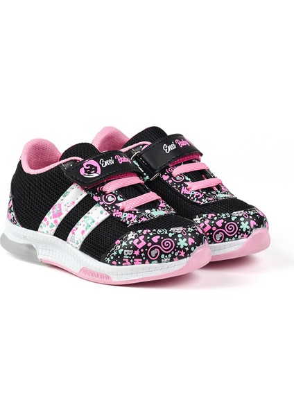 Kız Bebe Siyah Pembe Desenli Işıklı Cırtlı Sneaker Günlük Spor Ayakkabı