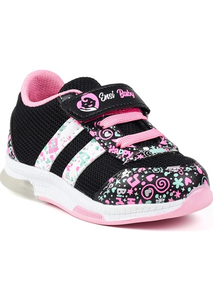 Kız Bebe Siyah Pembe Desenli Işıklı Cırtlı Sneaker Günlük Spor Ayakkabı modelleri