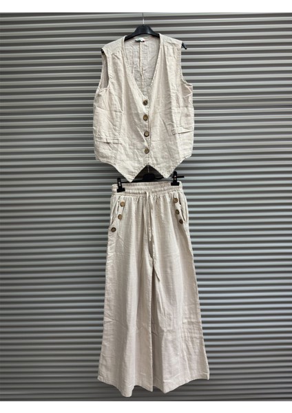 Kadın Keten Pamuk Düğmeli Yelek ve Pantolon Takım