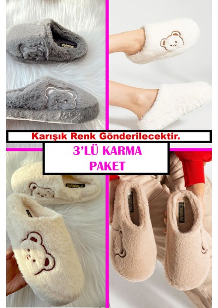 3'lü Paket Ev Terliği Çeyiz Terliği Kışlık Terlik Ses Yapmaz Hafif Taban Taban