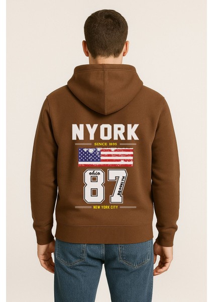 Nyork 87 Baskılı Oversize Hoodie – Amerikan Bayraklı Brooklyn New York City Kapüşonlu Sweatshirt