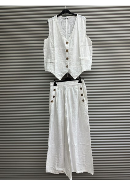 Kadın Keten Pamuk Düğmeli Yelek ve Pantolon Takım