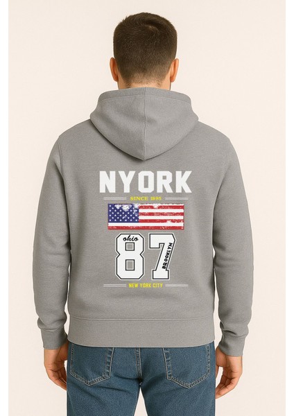 Nyork 87 Baskılı Oversize Hoodie – Amerikan Bayraklı Brooklyn New York City Kapüşonlu Sweatshirt