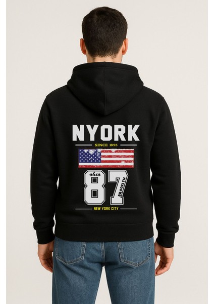 Nyork 87 Baskılı Oversize Hoodie – Amerikan Bayraklı Brooklyn New York City Kapüşonlu Sweatshirt