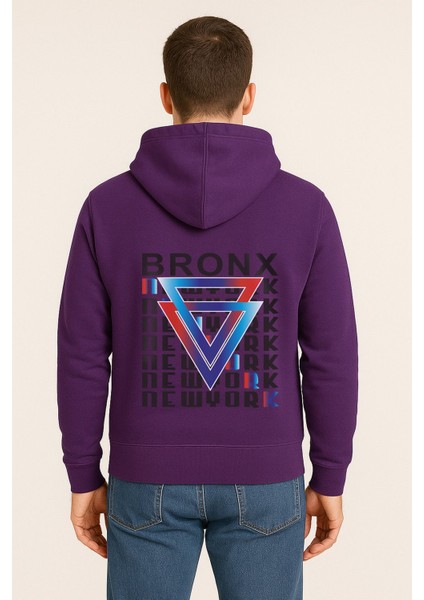 Bronx New York Baskılı Oversize Hoodie – Geometrik Renkli Arka Tasarım Unisex Kapüşonlu Sweatshirt