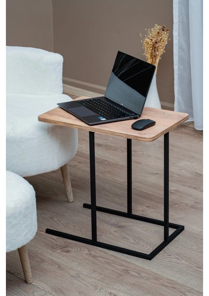 Modern Koltuk Yanı C Sehpa – Metal Gövdeli, Su Geçirmez Ahşap Raflı Laptop & Kahve Masası