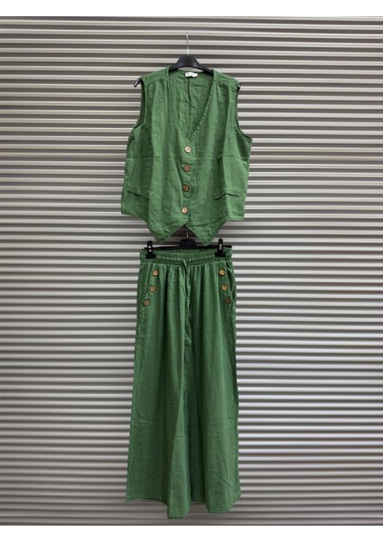 Kadın Keten Pamuk Düğmeli Yelek ve Pantolon Takım