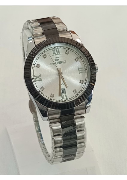 Çelik kordonlu, takvim göstergeli, metalik üstüne siyah kaplama, Rolex modeli, su geçirmez, 2 yıl garantili Unisex Kol Saati