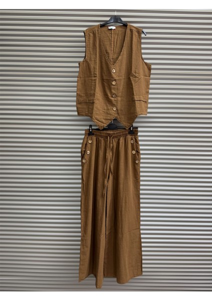 Kadın Keten Pamuk Düğmeli Yelek ve Pantolon Takım