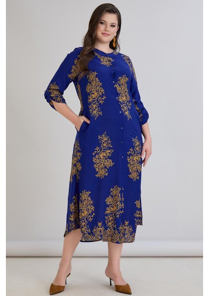 Kadın Fatoş Cep Detaylı Dokuma Viskon Mavi Gömlek Elbise fiyatları