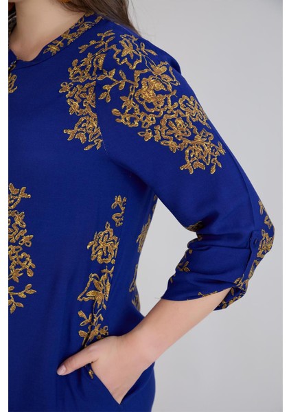 Kadın Fatoş Cep Detaylı Dokuma Viskon Mavi Gömlek Elbise modelleri