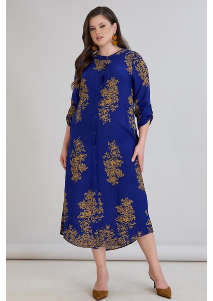 Kadın Fatoş Cep Detaylı Dokuma Viskon Mavi Gömlek Elbise indirimleri