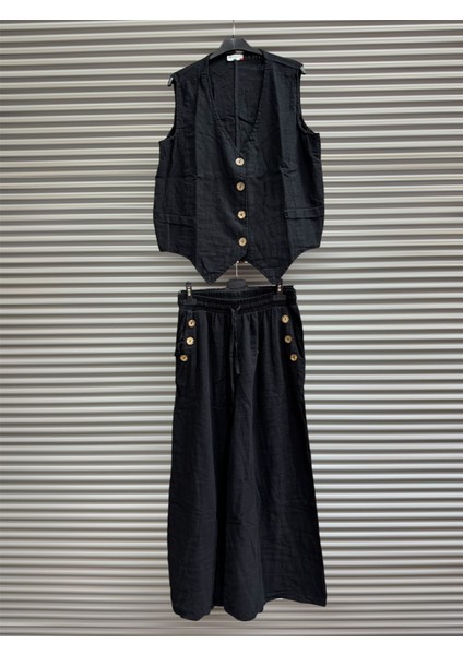 Kadın Keten Pamuk Düğmeli Yelek ve Pantolon Takım