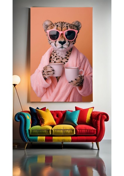 Bornozlu Leopar Ev Duvar Salon Güzellik Salonu Ofis Dükkan Dekarasyon Kanvas Tablo