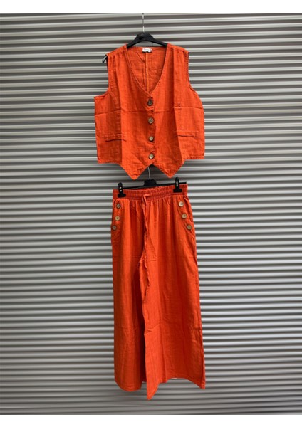 Kadın Keten Pamuk Düğmeli Yelek ve Pantolon Takım