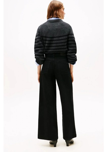 Siyah Denim 70'ler Stili Geniş Paça Yüksek Bel Kadın Jeans WW0WW482541BY modelleri