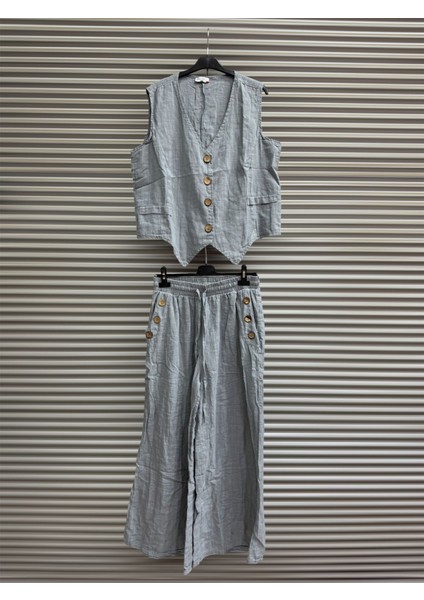 Kadın Keten Pamuk Düğmeli Yelek ve Pantolon Takım