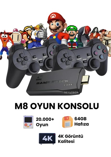 Nostalji Kablosuz Çift Kol Oyun Konsolu Uyumlu 4K-HDMI 20000 Oyunlu 2.4g Retro Gaming Stick Atari