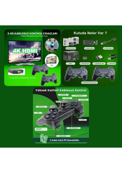 Nostalji Kablosuz Çift Kol Oyun Konsolu Uyumlu 4K-HDMI 20000 Oyunlu 2.4g Retro Gaming Stick Atari indirimleri