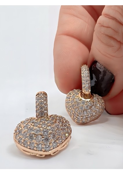 Zen Zirkon Taşlı Rose Gold Kalp Tasarım Vip Çelik Küpe modelleri
