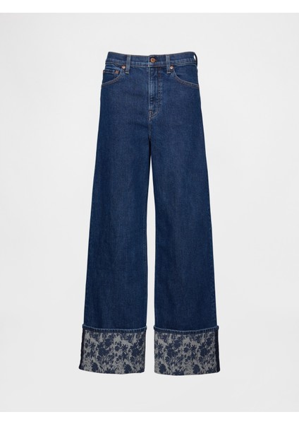 Kadın Koyu Mavi High Rise Stride Wide-Leg Jean Pantolon fiyatları