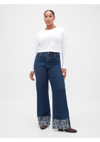 Kadın Koyu Mavi High Rise Stride Wide-Leg Jean Pantolon fırsatları