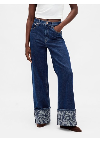 Kadın Koyu Mavi High Rise Stride Wide-Leg Jean Pantolon