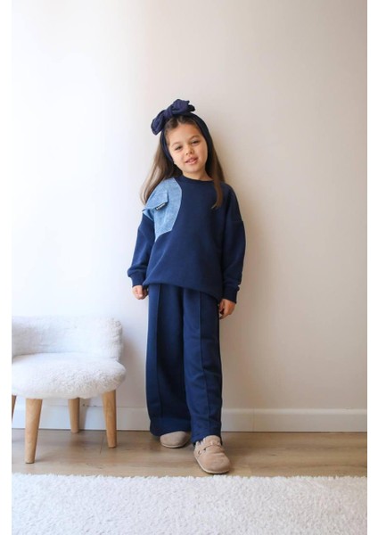 Cep Detaylı 3 Ip Şardonsuz Kız Çocuk Kışlık Lacivert Eşofman Takımı