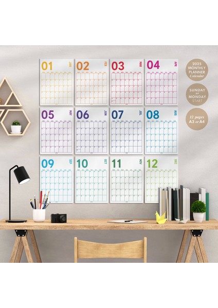 2026 Aylık Planlayıcı Duvar Takvimi, 33X48 cm & A4 Poster Takvim, Organizer Takvim, Gökkuşağı Renkleri