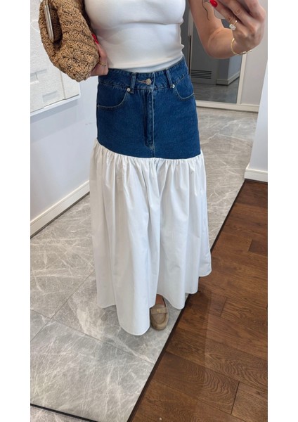 Kadın Mavi Beyaz Jean Detaylı Poplin Uzun Tasarım Etek fırsatları