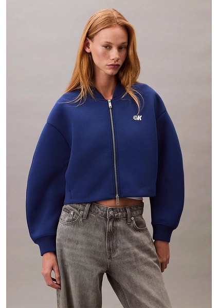 Bol Kesim Scuba Kumaş Fermuarlı Bomber Kadın Mavi Ceket LV047C524G-6A8