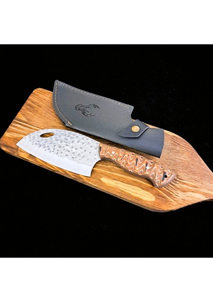 Almazan Dövme Desenli Verzalit Sap Avcı Kamp Mutfak Kasap Bıçağı Deri Kılıflı