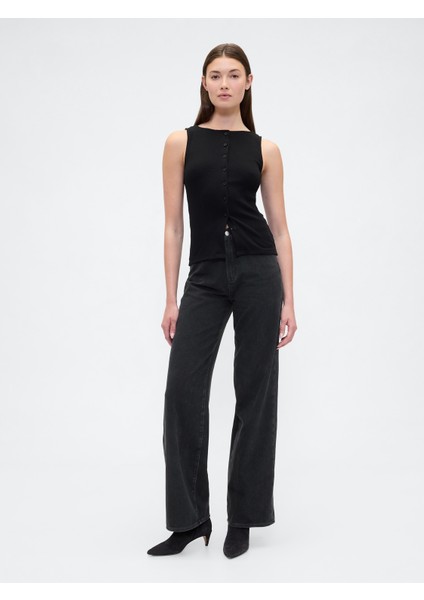 Kadın Siyah Wide Leg Denim Pantolon