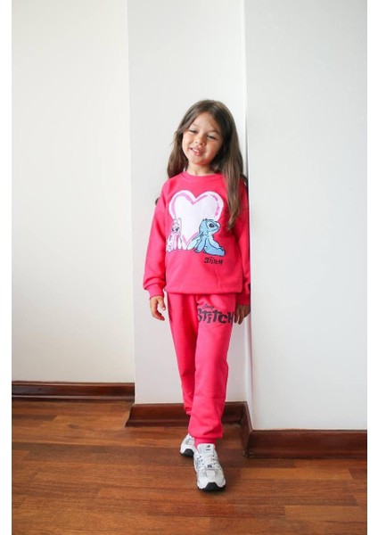 Stitch Detaylı 3 Ip Şardonsuz Kız Çocuk Kışlık Eşofman Takımı