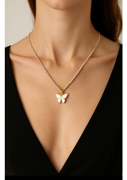 Zirkon Taşlı Kelebekli Çelik Su Yolu Kararmayan Kolye