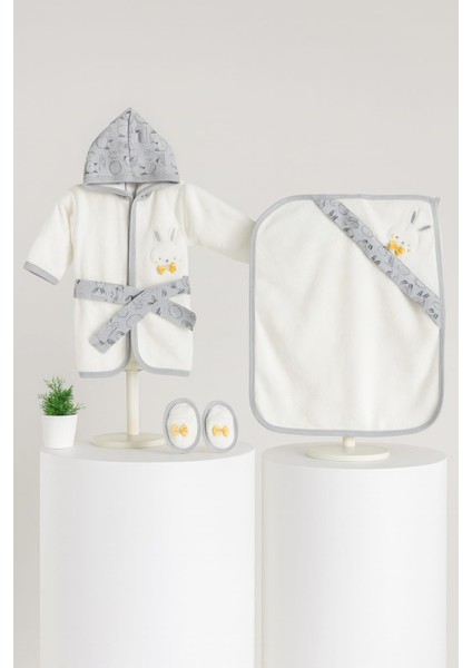 %100 Organik Pamuk 0-2 Yaş Bebek Sevimli Hayvan Nakışlı Bornoz Seti Premium Kalite