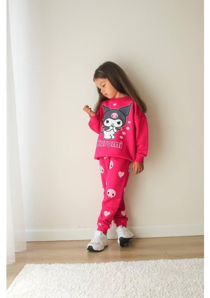 Kuromi Detaylı 3 Ip Şardonsuz Kız Çocuk Kışlık Pembe Eşofman Takımı