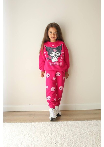 Kuromi Detaylı 3 Ip Şardonsuz Kız Çocuk Kışlık Pembe Eşofman Takımı modelleri
