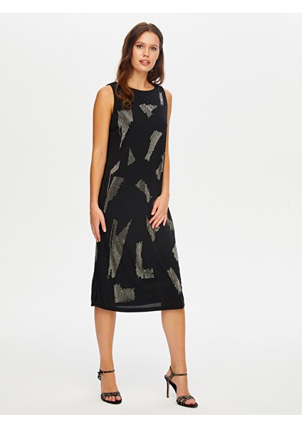 Önü Taş Baskı Detaylı Kolsuz Örme Abiye Elbise W26ABY011