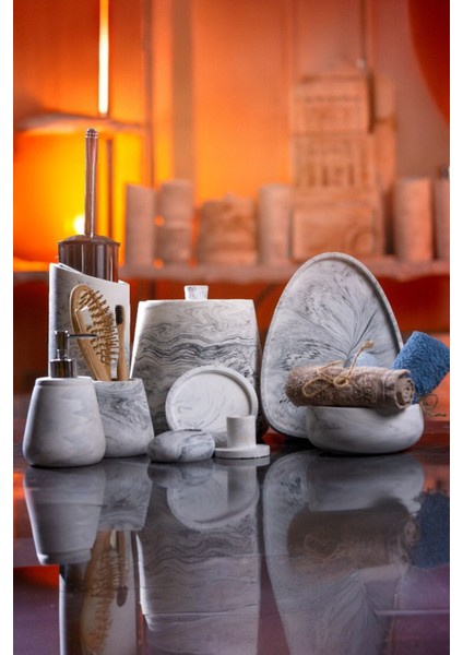 11 Parça Mermer Desenli Beton Banyo Seti | Sabunluk, Diş Fırçalık, Çöp Kovası, Klozet Fırçası