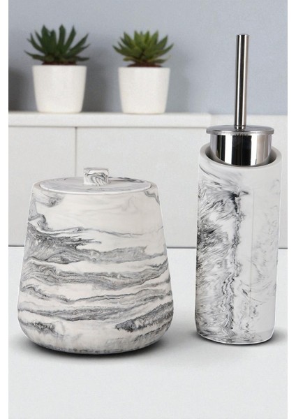 11 Parça Mermer Desenli Beton Banyo Seti | Sabunluk, Diş Fırçalık, Çöp Kovası, Klozet Fırçası