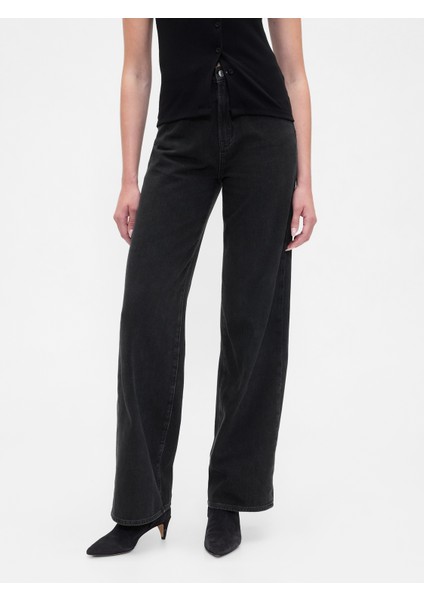 Kadın Siyah Wide Leg Denim Pantolon