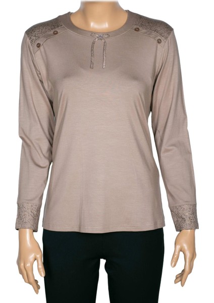 Kadın Flora Ara Beden Kombinli Omzu Düğmeli Taş Beji Spor Bluz