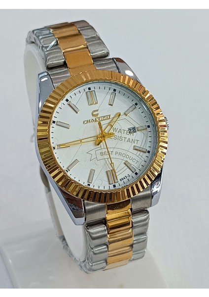 Çelik kordonlu, takvim göstergeli, metalik üstüne altın sarısı kaplama, Rolex modeli, su geçirmez, 2 yıl garantili Unisex Kol Saati