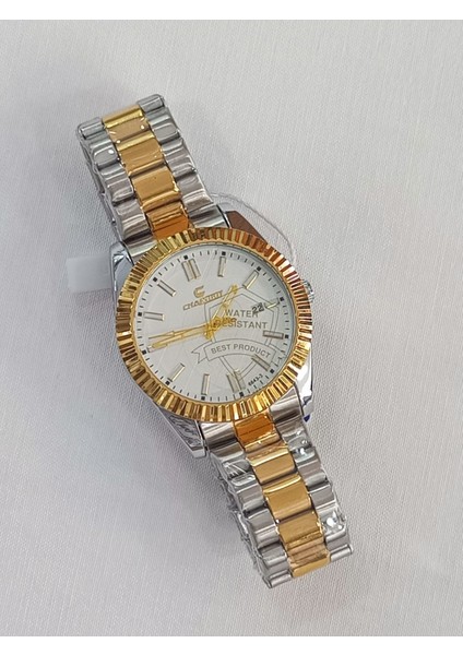Çelik kordonlu, takvim göstergeli, metalik üstüne altın sarısı kaplama, Rolex modeli, su geçirmez, 2 yıl garantili Unisex Kol Saati modelleri