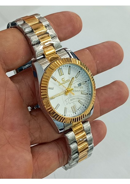 Çelik kordonlu, takvim göstergeli, metalik üstüne altın sarısı kaplama, Rolex modeli, su geçirmez, 2 yıl garantili Unisex Kol Saati fırsatları