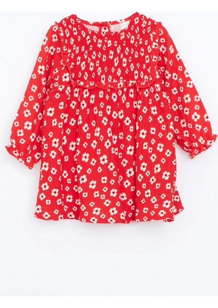 Lcw Baby Kırmızı Bisiklet Yaka Uzun Kollu Çiçekli Kız Bebek Elbise