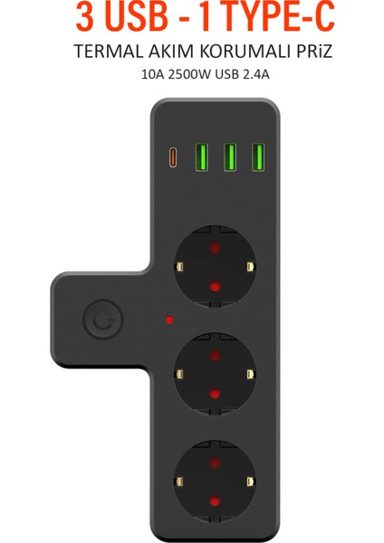 USB Type-C Priz Dönüştürücü Şarj Adaptörü Priz-3 Usb-1 Type-C Girişli Çoklu Fiş Priz Çoklayıcı 2500W